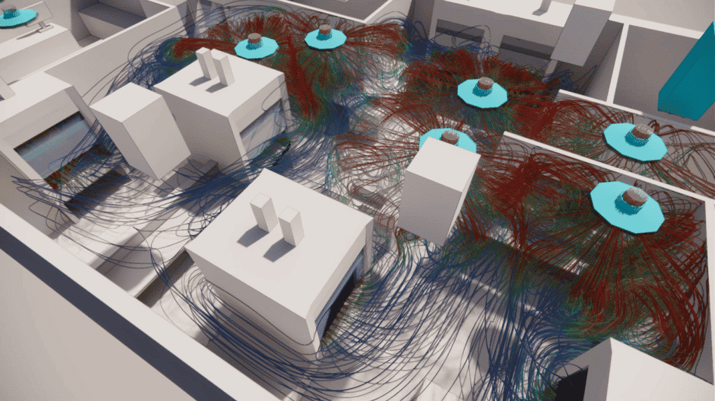 Simulation CFD permettant de visualiser le déplacement de l'air dans un laboratoire et d'étudier le confinement des sorbonnes