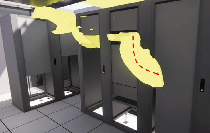 Image photoréaliste d'un data center avec identification des points chaud et des recirculation d'air