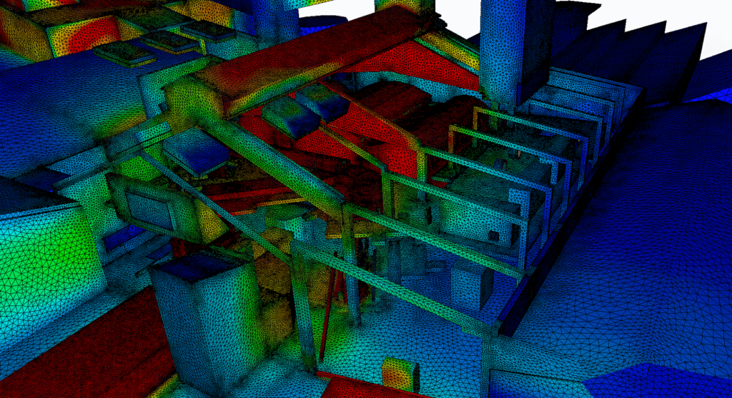 Maillage CFD d'une grande usine - illustration du raffinement de maillage pour les gros modèles CFD