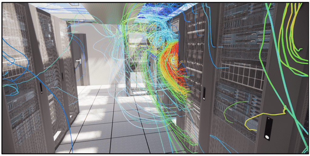 Simulation CFD démontrant la recirculation des calories dans un data center avec des flux d'air non optimisés.