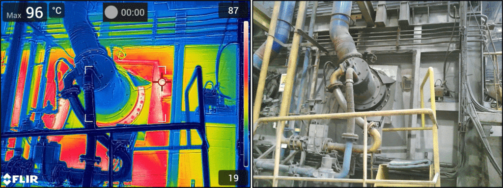 Thermographie d'une jonction de four montrant des points chauds et des zones de chaleur