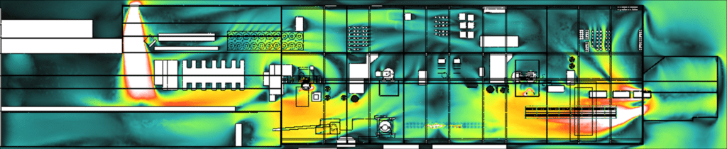 Plan illustrant les vitesses d'air mesurées à hauteur d'homme dans une usine pour l'analyse de la ventilation naturelle.