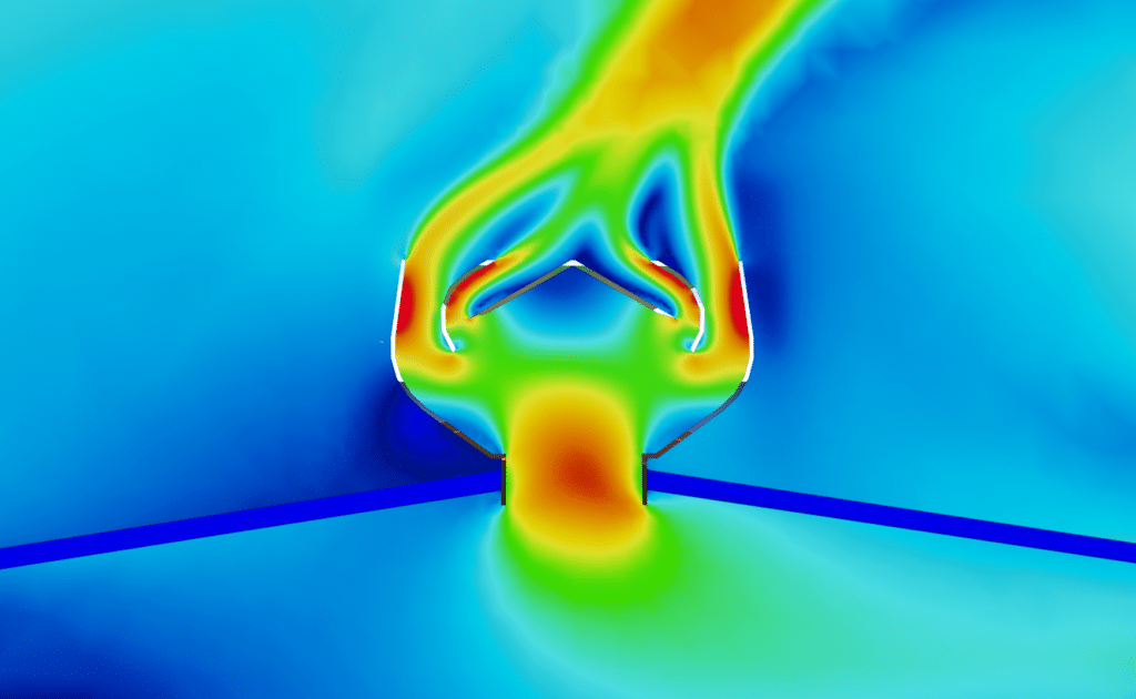 Visualisation des vitesses autour d'un aérateur statique dans une étude CFD, mettant en évidence les flux d'air et les zones de turbulence. - Robertson