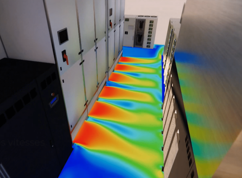 Simulation CFD haute fidélité de la circulation de l'air dans un data center.