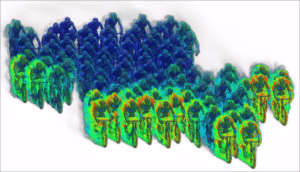 Image présentant les phénomènes aérodynamique d'un peloton de cycliste - simulation mécanique des fluides CFD