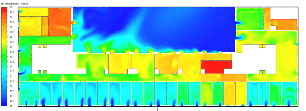 Illustration d'un prototype de cheminée de ventilation naturelle avec un plan de température. Cette image montre la conception d’un système de ventilation passive destiné à optimiser la circulation de l'air dans un bâtiment. Le plan de température met en évidence les différentes zones de température à travers la cheminée, illustrant comment la chaleur s'élève et disparait, créant ainsi un effet de tirage naturel. Les couleurs indiquent les variations de température, ce qui aide à identifier les zones de surchauffe et à évaluer l'efficacité de la ventilation. Cette étude vise à améliorer le confort thermique et à réduire la consommation d'énergie en exploitant les principes naturels de ventilation, contribuant ainsi à des constructions plus durables.