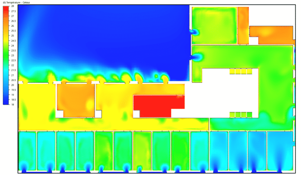 Illustration d'un prototype de cheminée de ventilation naturelle avec un plan de température. Cette image montre la conception d’un système de ventilation passive destiné à optimiser la circulation de l'air dans un bâtiment. Le plan de température met en évidence les différentes zones de température à travers la cheminée, illustrant comment la chaleur s'élève et disparait, créant ainsi un effet de tirage naturel. Les couleurs indiquent les variations de température, ce qui aide à identifier les zones de surchauffe et à évaluer l'efficacité de la ventilation. Cette étude vise à améliorer le confort thermique et à réduire la consommation d'énergie en exploitant les principes naturels de ventilation, contribuant ainsi à des constructions plus durables.
