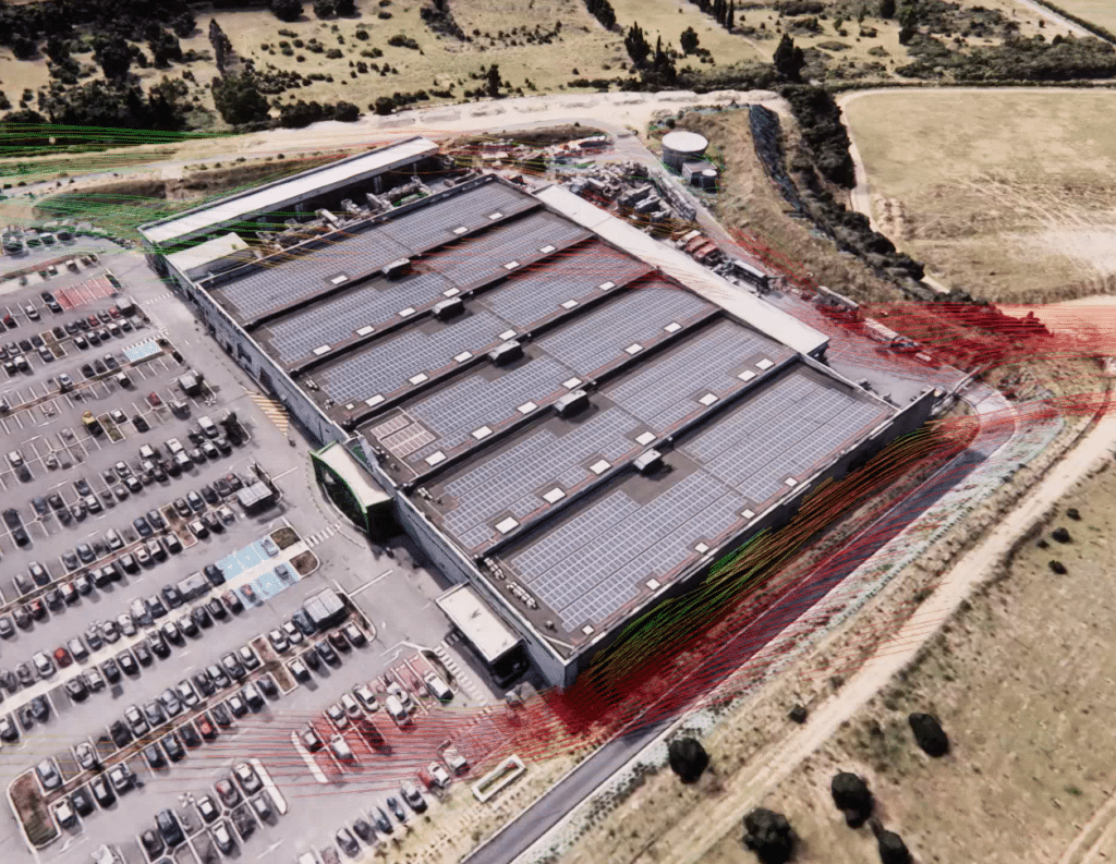 Simulação CFD – Mapa das velocidades do vento num local comercial, visto de cima – Avaliação do risco eólico e do conforto dos peões