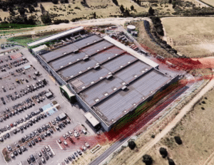 Simulação CFD – Mapa das velocidades do vento num local comercial, visto de cima – Avaliação do risco eólico e do conforto dos peões